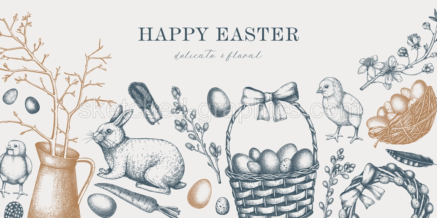 Easter banner design with cute characters and spring decor elements. Hand drawn bunnies, eggs, chickens, flowers and flowering trees background. Vector template with Holiday sketches Illustration